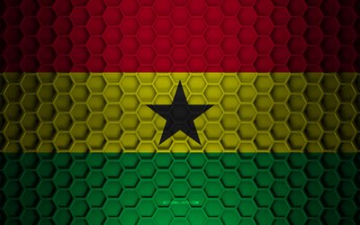 Drapeau du Ghana, texture des hexagones 3d, Ghana, texture 3d, drapeau du Ghana 3d, texture en m&#233;tal, drapeau du Ghana