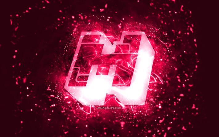 Minecraft-vaaleanpunainen logo, 4k, vaaleanpunaiset neonvalot, luova, vaaleanpunainen abstrakti tausta, Minecraft-logo, online-pelit, Minecraft