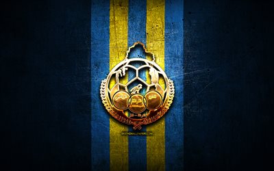 Al-Gharafa FC, golden logo, QSL, blue metal background, football, qatari football club, Al-Gharafa logo, soccer, Al-Gharafa SC