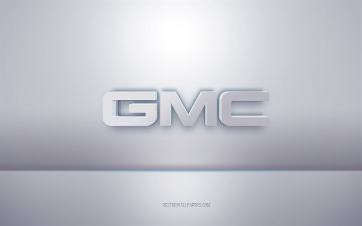 GMC 3d logo bianco, sfondo grigio, logo GMC, arte 3d creativa, GMC, emblema 3d