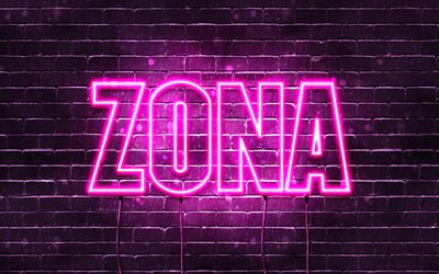 Zona, 4k, fonds d&#39;&#233;cran avec des noms, noms f&#233;minins, nom Zona, n&#233;ons violets, joyeux anniversaire Zona, noms f&#233;minins arabes populaires, photo avec nom Zona