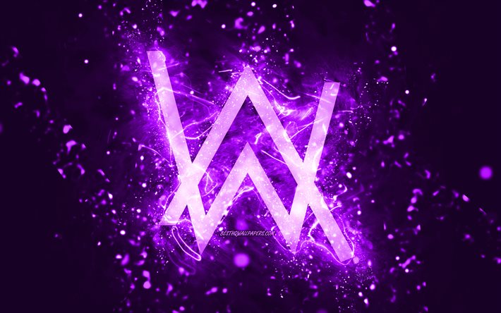 Alan Walker violet logo, 4k, Norwegian DJs, violet neon lights, creative, violet abstract background, Alan Olav Walker, Alan Walker logo, music stars, Alan Walker