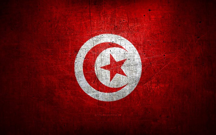 Drapeau tunisien en m&#233;tal, art grunge, Pays africains, Jour de la Tunisie, symboles nationaux, Drapeau de la Tunisie, drapeaux en m&#233;tal, Afrique, Drapeau tunisien, Tunisie