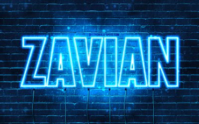 Zavian, 4k, fonds d&#39;&#233;cran avec des noms, nom Zavian, n&#233;ons bleus, joyeux anniversaire Zavian, noms masculins arabes populaires, photo avec nom Zavian