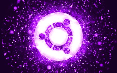 Logo Ubuntu viola, 4k, luci al neon viola, Linux, creativo, sfondo astratto viola, logo Ubuntu, sistema operativo, Ubuntu