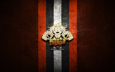 Wests Tigers, golden logo, National Rugby League, orange metal background, australian rugby club, Wests Tigers logo, rugby, NRL