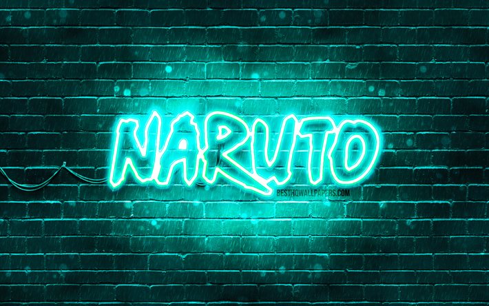 Naruto turkoosi logo, 4k, turkoosi tiilisein&#228;, Naruto logo, manga, Naruto neon logo, Naruto