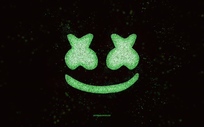 Logotipo com glitter Marshmello, 4k, fundo preto, logotipo Marshmello, arte com glitter verde, Marshmello, arte criativa, logotipo com glitter verde Marshmello