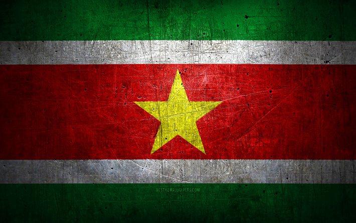 Surinam metal bayrağı, grunge art, G&#252;ney Amerika &#252;lkeleri, Surinam G&#252;n&#252;, ulusal semboller, Surinam bayrağı, metal bayraklar, Surinam Bayrağı, G&#252;ney Amerika, Surinam