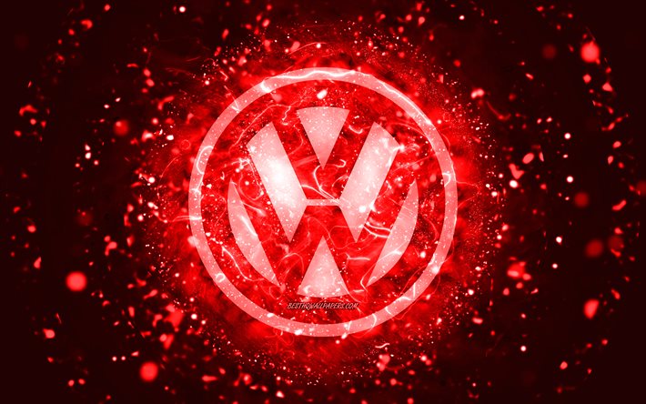 Volkswagen red logo, 4k, red neon lights, creative, red abstract background, Volkswagen logo, cars brands, Volkswagen