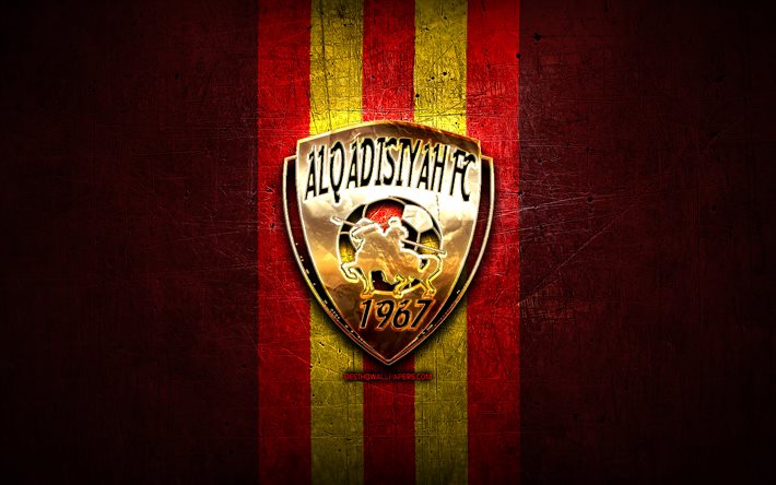 アルカディシーヤFC, 金色のロゴ, サウジプロフェッショナルリーグ, 赤い金属の背景, フットボール。, アル・カーディシーヤ, サウジアラビアサッカークラブ, アル・カーディシーヤのロゴ, サッカー