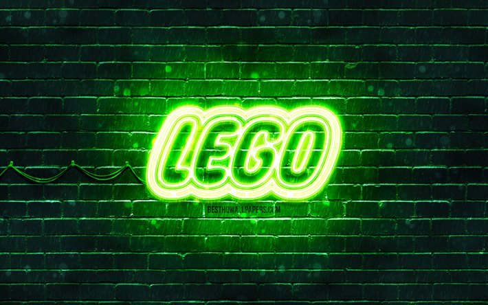 Logotipo da LEGO verde, 4k, parede de tijolos verde, logotipo da LEGO, marcas, logotipo da LEGO neon, LEGO