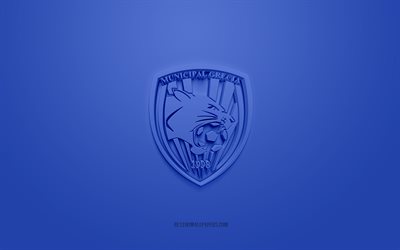 Municipal Grecia, creative 3D logo, blue background, Liga FPD, 3d emblem, Costa Rican football club, Grecia, Costa Rica, football, Municipal Grecia 3d logo