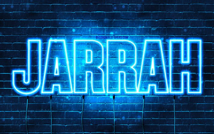 Jarrah, 4k, bakgrundsbilder med namn, Jarrah-namn, bl&#229; neonljus, Grattis p&#229; f&#246;delsedagen Jarrah, popul&#228;ra arabiska manliga namn, bild med Jarrah-namn