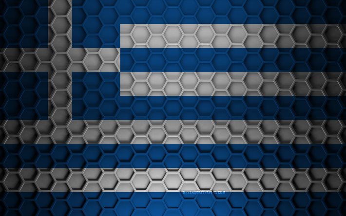Drapeau de la Gr&#232;ce, texture des hexagones 3d, Gr&#232;ce, texture 3d, drapeau de la Gr&#232;ce 3d, texture en m&#233;tal, drapeau de la Gr&#232;ce
