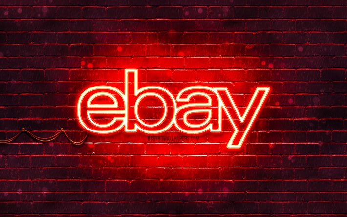 Ebay red logo, 4k, red brickwall, Ebay logo, brands, Ebay neon logo, Ebay