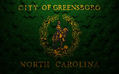 Bandiera di Greensboro, Carolina del Nord, arte a nido d&#39;ape, bandiera di esagoni di Greensboro, Greensboro, arte di esagoni 3d, bandiera di Greensboro