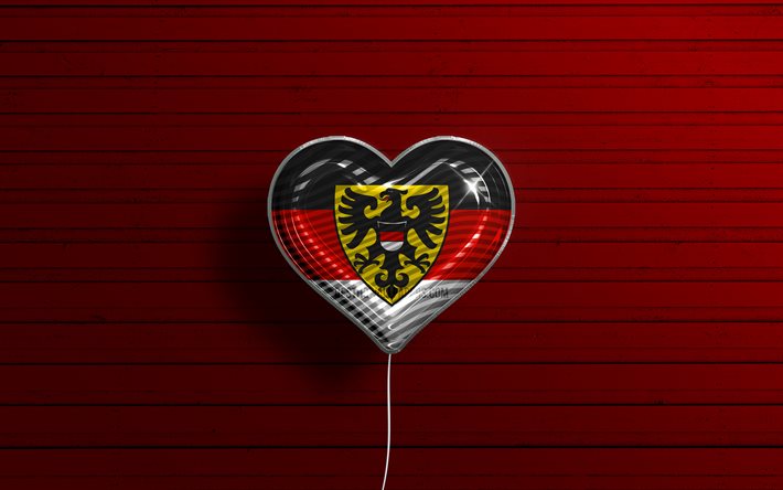 Jag &#228;lskar Reutlingen, 4k, realistiska ballonger, r&#246;d tr&#228;bakgrund, tyska st&#228;der, Reutlingen, Tyskland, ballong med flagga, Reutlingen flagga, Reutlingen dag