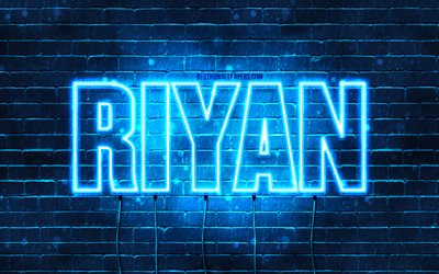 Riyan, 4k, fonds d&#39;&#233;cran avec des noms, nom Riyan, n&#233;ons bleus, joyeux anniversaire Riyan, noms masculins arabes populaires, photo avec nom Riyan