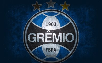 Gremio, squadra di calcio Brasiliana, sfondo blu, logo Gremio, grunge, Serie A, Brasile, calcio, emblema Gremio