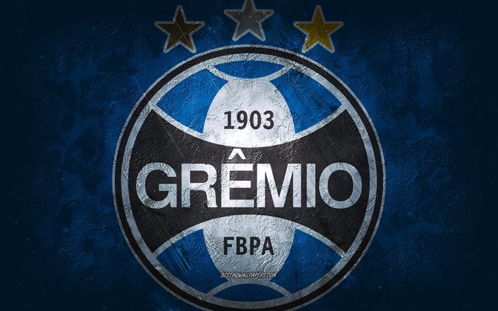 Gremio, brasilianskt fotbollslag, bl&#229; bakgrund, Gremio-logotyp, grunge konst, Serie A, Brasilien, fotboll, Gremio emblem