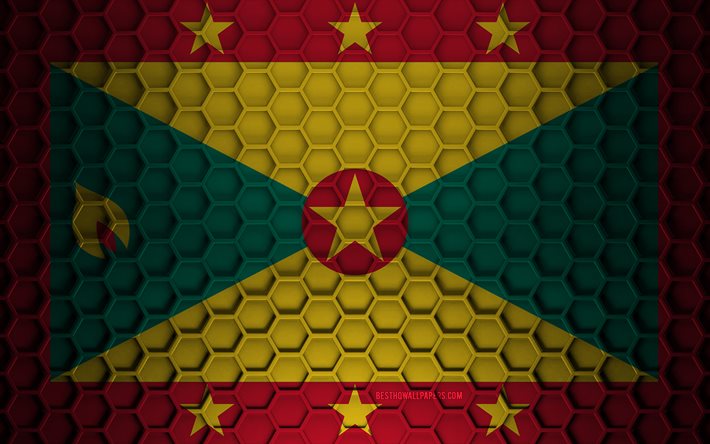 Drapeau de la Grenade, texture des hexagones 3d, Grenade, texture 3d, drapeau de la Grenade 3d, texture m&#233;tallique, drapeau de la Grenade