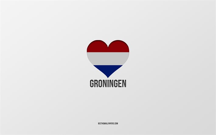 Amo Groningen, citt&#224; olandesi, Giorno di Groningen, sfondo grigio, Groningen, Paesi Bassi, cuore della bandiera olandese, citt&#224; preferite, Love Groningen