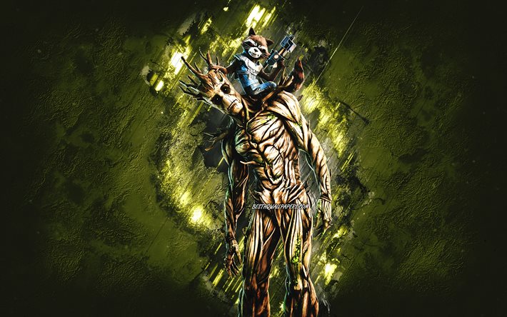 Fortnite Groot avec Rocket Skin, Fortnite, personnages principaux, fond de pierre dor&#233;e, Groot avec Rocket, Skins Fortnite, Groot avec Rocket Skin, Groot avec Rocket Fortnite, Personnages Fortnite