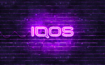 Logotipo IQOS violeta, 4k, parede de tijolos violeta, logotipo IQOS, marcas, logotipo IQOS neon, IQOS