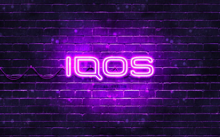 Logo IQOS viola, 4k, muro di mattoni viola, logo IQOS, marchi, logo neon IQOS, IQOS