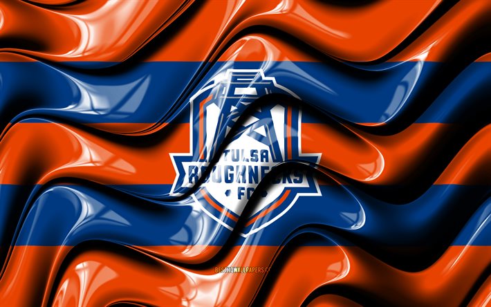 Tulsa Roughnecks bayrağı, 4k, turuncu ve mavi 3D dalgalar, USL, Amerikan futbol takımı, Tulsa Roughnecks logosu, futbol, Tulsa Roughnecks FC