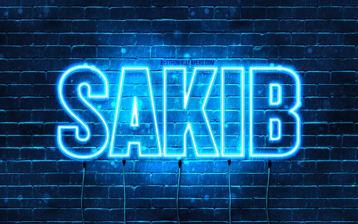 Sakib, 4k, fonds d&#39;&#233;cran avec des noms, nom Sakib, n&#233;ons bleus, joyeux anniversaire Sakib, noms masculins arabes populaires, photo avec nom Sakib