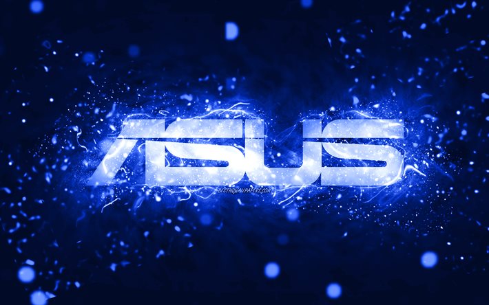 Asus logo blu scuro, 4k, luci al neon blu scuro, creativo, sfondo astratto blu scuro, logo Asus, marchi, Asus