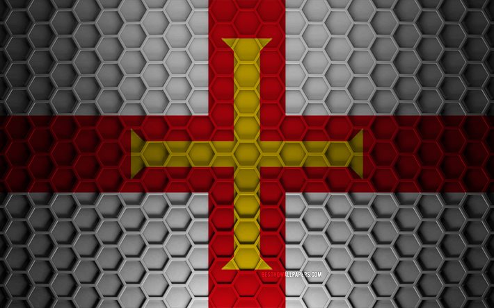 Drapeau des &#238;les anglo-normandes de Guernesey, texture hexagones 3d, &#238;les anglo-normandes de Guernesey, texture 3d, drapeau des &#238;les anglo-normandes de Guernesey, texture m&#233;tallique