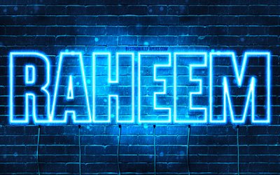 Raheem, 4k, taustakuvat nimillä, Raheem-nimi, siniset neonvalot, Hyvää syntymäpäivää Raheem, suosittuja arabialaisia miesten nimiä, kuva Raheem-nimellä