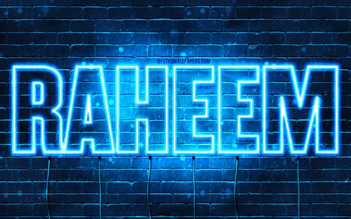 Raheem, 4k, taustakuvat nimillä, Raheem-nimi, siniset neonvalot, Hyvää syntymäpäivää Raheem, suosittuja arabialaisia miesten nimiä, kuva Raheem-nimellä