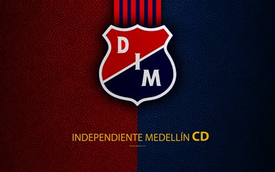 Deportivo Independiente Medellin, DIM, 4k, nahka rakenne, logo, punainen sininen linjat, Kolumbian football club, tunnus, Liga Aguila, Ensimm&#228;inen Luokka, Medellin, Kolumbia, jalkapallo