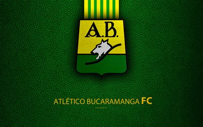 Clube Atl&#233;tico Bucaramanga, 4k, textura de couro, logo, verde amarelo linhas, Colombiano de futebol do clube, emblema, Liga Aguila, Categoria Primeira, Bucaramanga, Col&#244;mbia, futebol