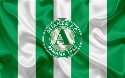 Alianza FC, 4k, logo, textura de seda, Panam&#225; futebol clube, branco verde bandeira, emblema, Balboa Liga De Futebol, LPF, Panam&#225;, futebol