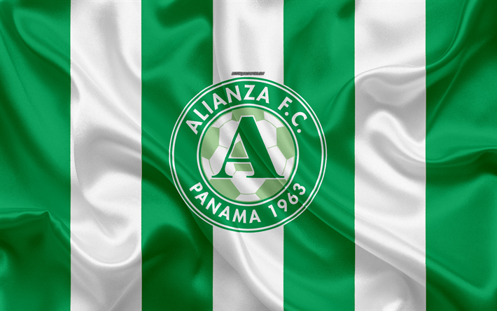 Alianza FC, 4k, ロゴ, シルクの質感, パナマサッカークラブ, 白のグリーンフラッグ, エンブレム, Panamanianサッカーリーグ, LPF, パナマ, サッカー