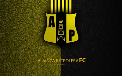 Alianza Petrolera FC, 4k, leather texture, logo, yellow black lines, Colombian football club, emblem, Liga Aguila, Categoria Primera A, Barrancabermech, Colombia, football