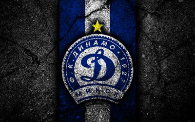 Dinamo Minsk FC, 4k, logo, soccer, black stone, Vysshaya Liga, grunge, football club, Belarusian football club, Dinamo Minsk, Belarus, asphalt texture, FC Dinamo Minsk