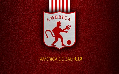 America de Cali FC, 4k, le cuir de texture, logo, rouge blanc lignes, Colombienne football club, l&#39;embl&#232;me, la Liga Aguila, Categoria Primera A, Cali, en Colombie, en football