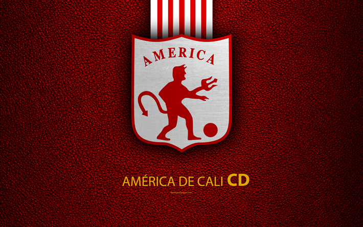 America de Cali FC, 4k, deri doku, logo, kırmızı beyaz &#231;izgiler, Kolombiyalı Futbol Kul&#252;b&#252;, amblem, Lig Aguila, Kategori Ma&#231;ı, Cali, Kolombiya, futbol