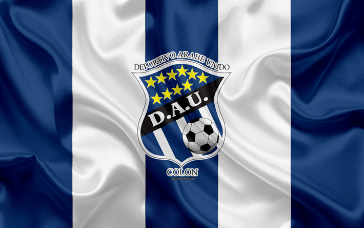 CD Arabe Unido, 4k, logo, silk texture, Panama football club, white blue flag, emblem, Panamanian Football League, LPF, Colon, Panama, football