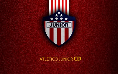 Atl&#233;tico Junior FC, CD Popular Junior FC, 4k, textura de cuero, logotipo, rojo, blanco l&#237;neas, el Colombiano club de f&#250;tbol, con el emblema de la Liga Aguila, Categoria Primera A, Barranquilla, Colombia, el f&#250;tbol