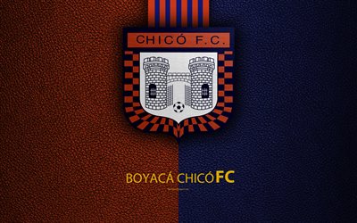BoyacaチコFC, 4k, 革の質感, ロゴ, オレンジ青ライン, コロンビアのサッカークラブ, エンブレム, リーガAguila, カテゴリを登録, トゥンハ, コロンビア, サッカー