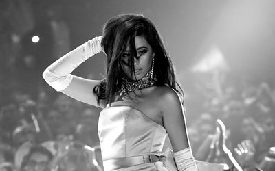 Camila Cabello, 4k, white dress, concert, American singer, beautiful woman