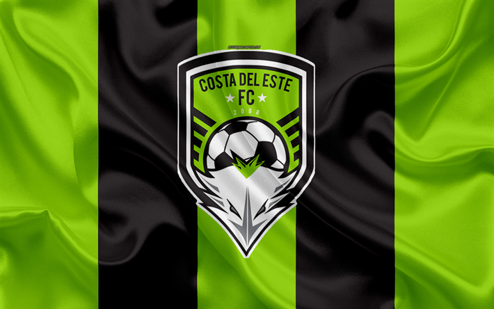 Costa del Este FC, 4k, logo, silk texture, Panama football club, green black flag, emblem, Panamanian Football League, LPF, Panama City, Panama, football