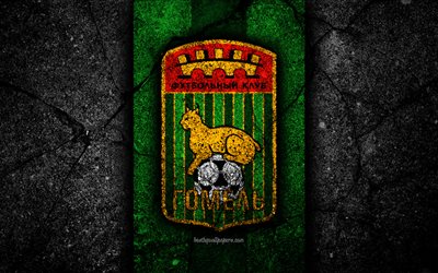 Gomel FC, 4k, logo, futbol, siyah taş, Vysshaya Lig, grunge, Futbol Kul&#252;b&#252;, Belarus, Gomel, Beyaz Rusya, asfalt doku, FC Gomel